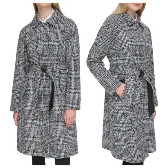 Karl Lagerfeld Belted Raglan Sleeve Wool Blend Plaid Coat